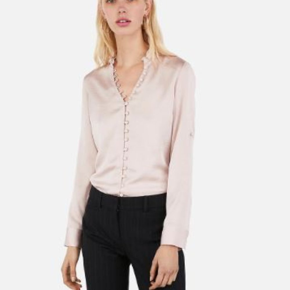 Express | Slim Ruffle Covered Button Portofino Shirt in Light Pink NWT Size XXS